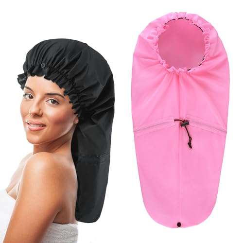 2 Pcs Large Shower Cap for Braids Extra Long Shower Cap for Women Long Hair & Locs Waterproof Hair Bonnets for Dreadlocks Drawstring Bath Caps for Women & Men (Black Pink)