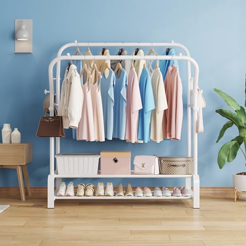 SMILOVII Kleiderständer, Multifunktional Garderobenständer, Freistehender Doppelruten Kleiderbügel für schlafzimmer Kleiderständer, Stabil Kleiderstange mit 8 Haken und 2 Schuhregal metall, weiß