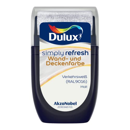 Dulux Simply Refresh Wand- und Deckenfarbe Verkehrsweiß RAL9016 Tester 30 ml - Langlebige Innenfarbe zum Testen und schnellen Ausbessern