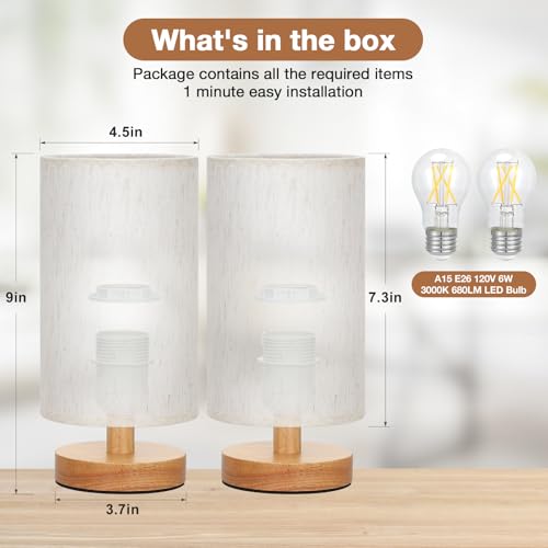 Image of Fenmzee Small Lamps Set of 2 - Inline Control, Bedside Table Lamp for Bedroom with 3000K A15 LED Blub, Easy Assembly (Cream Shade - Wood Base Set of 2, 9 inch Inline Control)