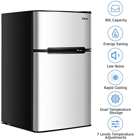COSTWAY 90L Freestanding Undercounter Refrigerator, 2 Reversible Door Standard Mini Fridge Freezer with Adjustable Thermostat, Removable Glass Shelves, LED Light for Dorm Apartment Office (Grey)
