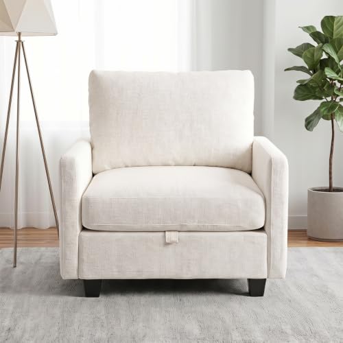Image of Singel Seat Modern Couches for Living Room, 38 inch Single Sofa with Storage | High Resilience Foam, 22 inch Seat Depth, Movable Ottoman, Comfy Chenille, Easy Assembly, Beige