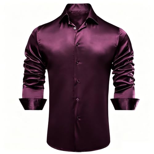 Image of Hi-Tie Men's Silk Satin Dress Shirts Long Sleeve Shiny Casual Button Up Shirts Luxury Party Disco Prom Wedding Shirt