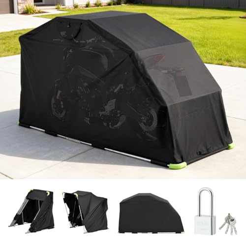 VEVOR Motorcycle Storage Shelter 110 x 43 x 63 in with Security Lock, 600D Oxford Flip-Up Garage Tent, Heavy-Duty All-Weather Motorcycle Cover Shed with 2 Side Windows, Outdoor Vehicle Shelter, Black