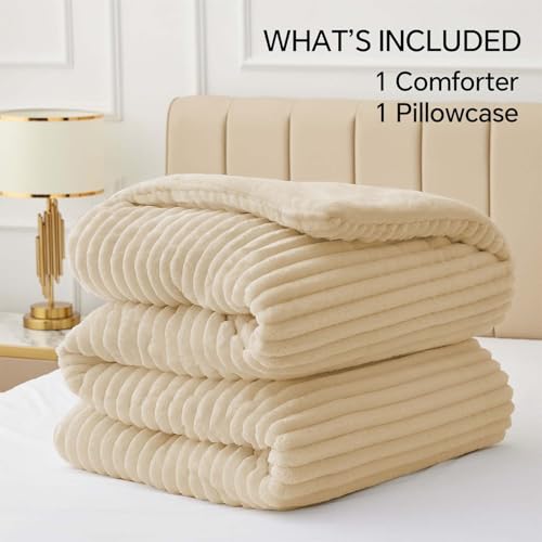 BEDELITE Fleece Twin Comforter Set -Super Soft & Warm Fluffy Beige Bedding, Luxury Fuzzy Heavy Bed Set for Winter with 1 Pillow case