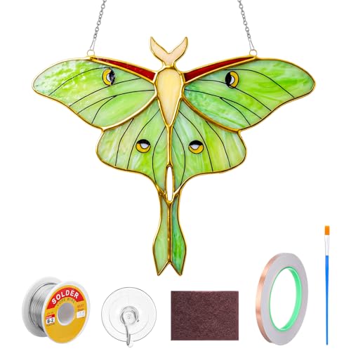 LemonRoad 1 Set Green Luna Moth Pre Cut Stained Glass Kit for Adult Beginner Made Easy Stained Glass Craft with Solder Wire, Flux Brush for Christmas Birthday Party Favor