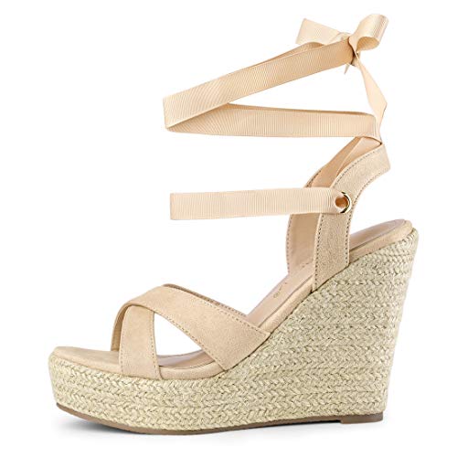 Allegra K Women's Espadrille Platform Lace Up Wedges Beige Sandals - 7.5 M Us #TOP6