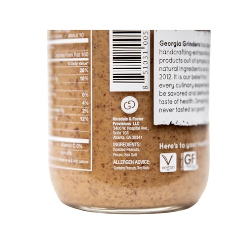 Image of Georgia Grinders Pecan Peanut Nut Butter Spread, Non-GMO, Gluten Free, No Palm Oil, No Added Sugar, Vegan Friendly, 12 Ounce (1 Pack)