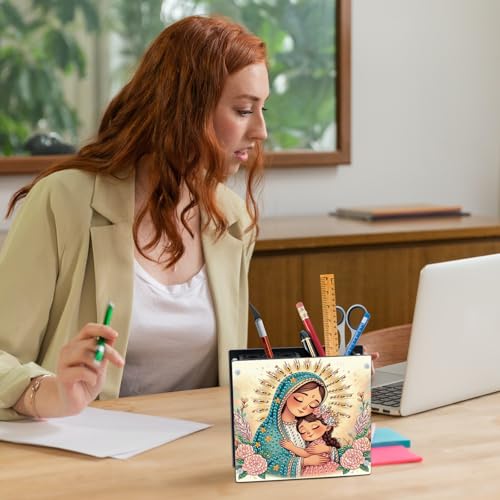 Image of DIY 5D Diamond Painting Pen Holder - Religious Mother & Daughter Pencil Organizer for Faith Gifts, Acrylic Crystal Rhinestones Diamond Art Holder, Perfect for Storing Pens, Pencils, and Rulers