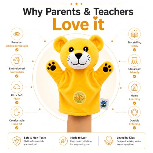 Image of Yellow Lion Hand Puppet for Kids, Soft Plush Animal Puppet, Storytelling Puppet for Preschool, Classroom Learning Toy, Interactive Educational Toy, Role Play Gift for Boys & Girls,
