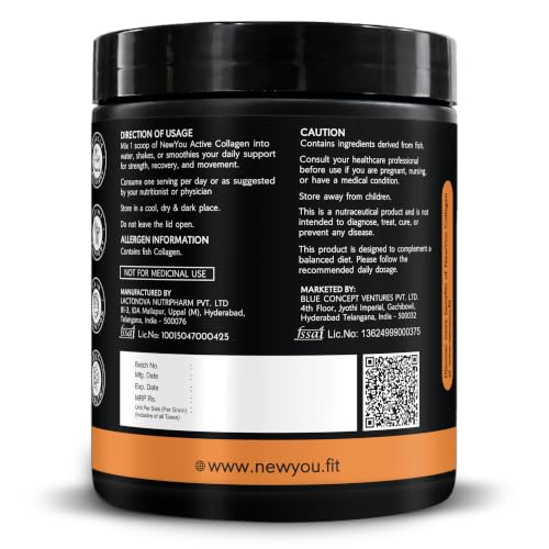 Image of NewYou Active Marine Collagen Powder for Joint & Bone Support | With Glucosamine, Hyaluronic Acid & Vitamin C | Supports Flexibility & Mobility | Orange Flavour | 150g