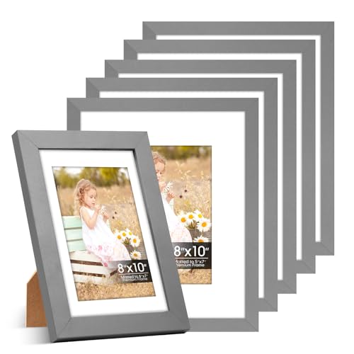 Image of 8x10 Picture Frames 6 Pack, Mat for 5x7 Photos, Shatter HD Plexiglass | Removable mat fits two photo sizes, slim frame with stand for horizontal & vertical tabletop & wall mount
