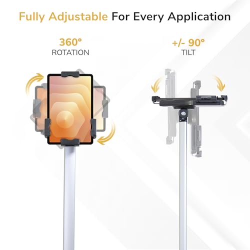 Image of Mount-It! Anti-Theft Universal iPad & Samsung Tablet Floor Stand Kiosk, Locking Clamp, Height Adjustable 24.8 inch-42.5 inch, 360 Rotating POS Kiosk for 7.9 inch-11 inch Tablets, Silver