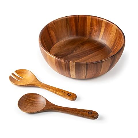 BILL.F Wooden Serving Bowl,12" Acacia Wood Large Salad Bowl Set with Salad Spoon and Fork for Fruits, Salads, Pasta Cover