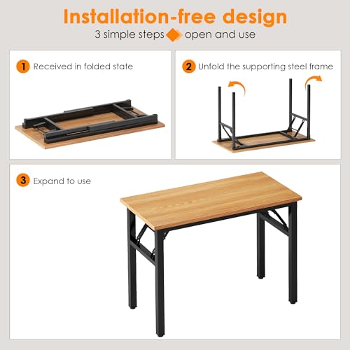 Image of Need Folding Computer Desk - 39.4 Inch Foldable Office Writing Work Study Kids Student Teacher Home Bedroom Table for Small Space, Teak & Black