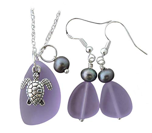 Handmade in Hawaii,"Magical Color Changing" purple sea glass Necklace+Earrings Set, Freshwater pearl, turtle charm,"February Birthstone", (Hawaii Gift Wrapped)