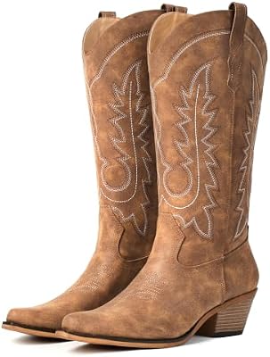 Women's Pointed Toe Mid Calf Cowboy Boots – Chunky Heel Cowgirl Style