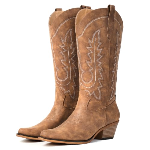 Women's Pointed Toe Mid Calf Cowboy Boots – Chunky Heel Cowgirl Style