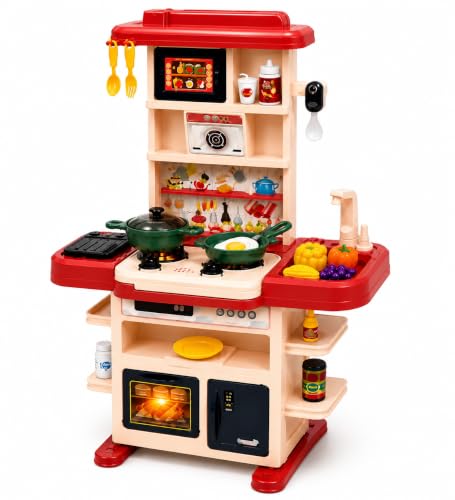 Image of Kids Kitchen Set for Girls & Boys, 43 Pcs Pretend Play Kitchen Set with Working Sink, Light & Sound Stove, Cookware, Fruits & Vegetables, Role Play Toy for Kids Age 3+