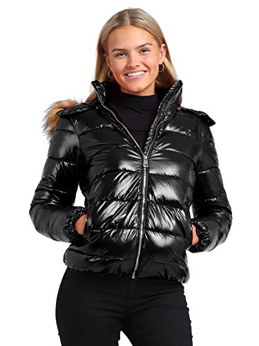 Image of SS7 Women's Padded Winter Quilted Fur Parka Jacket, Sizes 8 to 16 (UK - 12, Black Shine)