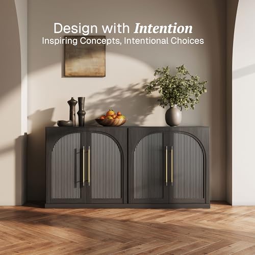 BELLEZE 65 Inch Sideboard Cabinet with Double-Arc Wood Doors, Large Buffet Cabinet with Storage and Adjustable Shelves, Classic Modern Console Table for Dining Room Living Room Entryway (Ebony)