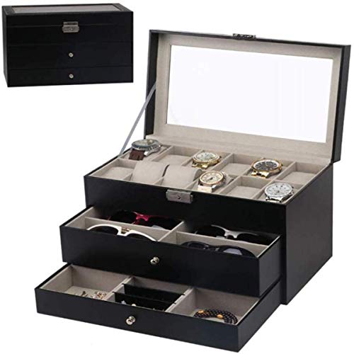 Three Layer Watch Box Organizer, 12 Slots Watch Schmuck Brillen Aufbewahrungskoffer, für Männer und Frauen Uhr & Schmuck Großhalter Boxen Geschenk Cover
