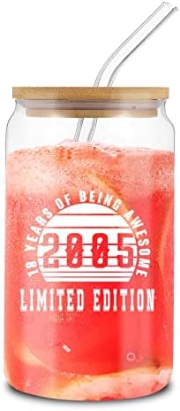 Delsakhula 18th Birthday Gifts for Girls Boys 2005 Coffee Can Glass 18th Birthday Gifts Ideas for Girls Glass Can 18th Gifts for Girls Boys Coffee Glass Can with Bamboo Lid and Glass Straw 16 Oz