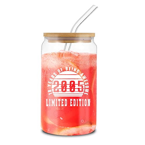 Delsakhula 18Th Birthday Gifts For Girls Boys 2005 Coffee Can Glass 18Th Birthday Gifts Ideas For Girls Glass Can 18Th Gifts For Girls Boys Coffee Glass Can With Bamboo Lid And Glass Straw 16 Oz #TOP3