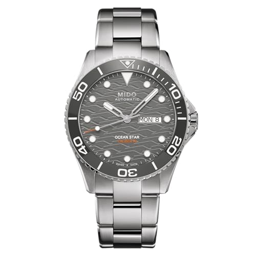 MIDO Ocean Star 200C - Swiss Automatic Diving Watch for Men - 42.5mm Stainless Steel Case - Rotating Ceramic Bezel - Silver Wave-Design Dial with Day,Date Calendar - Stainless Steel Bracelet - M0424301108100 by MIDO - Used condition - US$754.46