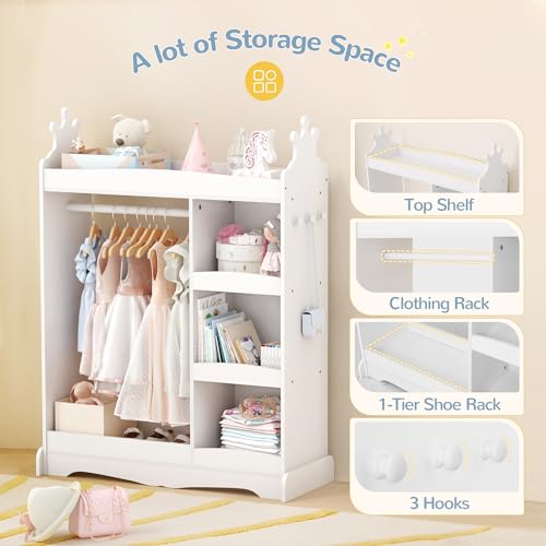 Curipeer Kids Dress up Storage with Mirror, Kids Wardrobe with 3 Hooks, Kids Closet for Girls Boys, Open Hanging Armoire Costume Organizer for Bedroom, Preschool, Classroom, White - Image 6
