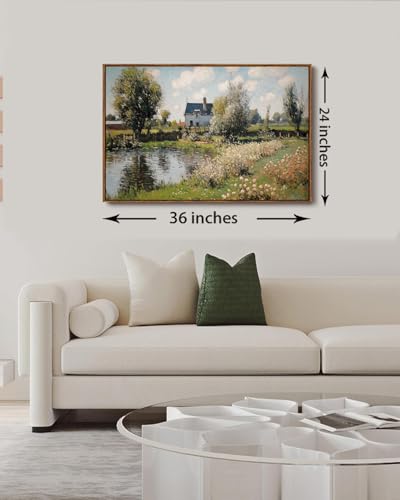 Image of KISSFOX Vintage Framed Wall Art Decor Countryside Landscape Pictures Wall Decor Rustic River Cottage Canvas Art Prints Modern Farmhouse Impressionist Paintings Artwork For Bedroom Living Room