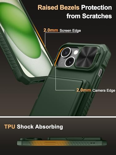 Vihibii for iPhone 15/14/13 Wallet Case, Built-in Card Holder (4 Cards), RFID Blocking & Slide Camera Cover, Military Grade Drop Protection, TPU Soft Edge Phone Case, Green