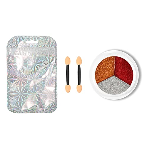 Baugger Glitter em pó de unha de 3 cores com 2 pincéis, decoração de unhas, efeito espelhado, metáli