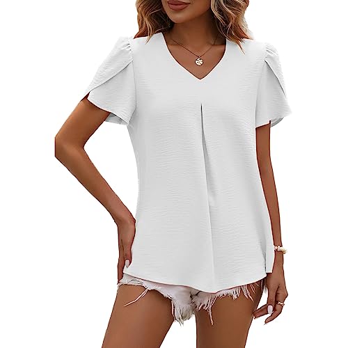 LEKOPUR Bluse Damen Sommer Kurzarm Tunika V-Ausschnitt Shirt Einfarbig Chiffon Oberteile Frühling Elegant Sommerblusen Casual Blusenshirt Tshirt Top Weiß