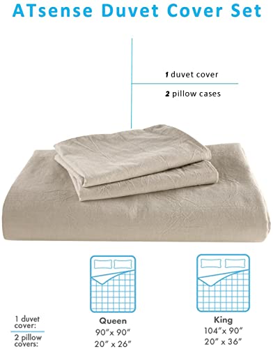 Atsense Duvet Cover Queen Size, 100% Washed Cotton Linen Feel Super Soft Comfortable, 3-Piece Beige Duvet Cover Bedding Set, Durable And Easy Care, Simple Style Farmhouse Comforter Cover #TOP6