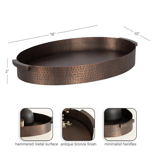 Kate and Laurel Samana Modern Oval Metal Tray, 16 x 10, Bronze, Polished Decorative Serving Tray with Hammered Surface for Use as Ottoman Tray or Entryway Decor by Kate and Laurel - Image 2