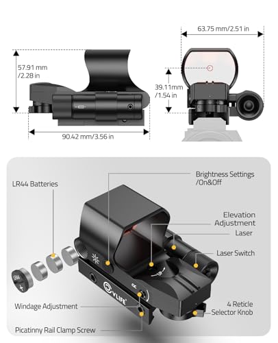 CVLIFE 28×40mm Large Lens Reflex Sight Red Dot Sight for Rifle,4 Reticle Optics with Red Laser and Pressure Pad Switch for 21mm Rail (Green Laser) — view 6