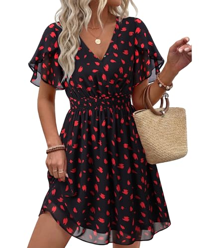 VAFOLY Womens Summer Boho V Neck Short Dress Ruffle Sleeve Dresses Black Red L