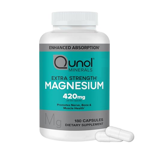 Qunol Magnesium Capsules 420mg, 100% DV, High Absorption Magnesium Supplement, Extra Strength, Bone and Muscle Health Supplement, 180 Count