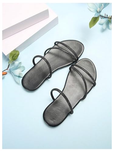 GORGLITTER Women's Rhinestone Strappy Sandals Dress Open Toe Flat Slip on Slide Sandal2