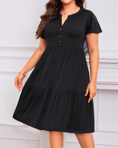 Image of Plus Size Summer Dress Casual Short Sleeve Button Midi Sun Dresses Women