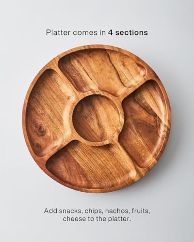 Image of Premium Wooden Chip & Dip Platter with Glass Bowl | Acacia Wood Snack Serving Tray for Nachos, Snacks & Appetizers | Handcrafted in India
