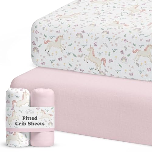 Sorrel + Fern Crib Sheets Neutral - Fitted Baby Crib Sheets Bed for Girl Boy - 2 Pack Standard &amp; Toddler Mattress (Unicorn Blossom) - Buttery Soft Organic Cotton Blend