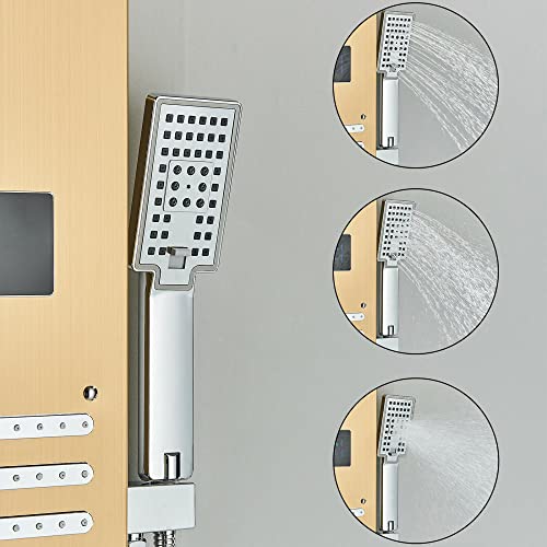 Columna de ducha LED con torre, sistema de rociado y cabezal lluvia en acabado dorado cepillado miniatura 7