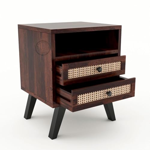 Image of Wooden Bedside Table with 2 Cane Rattan Drawers & Open Shelf | Modern Nightstand for Bedroom (Walnut Finish)