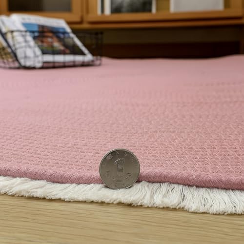 Image of Cotton Round Carpet 3x3 feet - Handmade Braided Boho Rug for Living Room, Bedroom & Balcony - Soft Washable Floor Mat, Color -Pink
