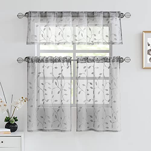 Fragrantex EML15V1GR Sheer Farmhouse Valances Grey For Bay Window 15 Inch L Embroidered Leaf Light Grey Kitchen Curtains For Bathroom Window Treatment Set Rod Pocket,W56Xl15 thumb #5