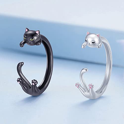 Rukyf 925 Sterling Silver Black Cat Rings With Black Gold Plating Dainty Stackable Adjustable Rings For Women Men Cute Cat Gifts For Cat Lovers #TOP3