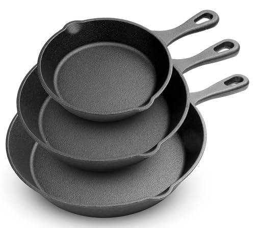 NutriChef Pre-Seasoned Cast Iron Skillets - 3 Pieces Cast Iron Cookware Set w/Drip Spout and Scraper - Compatible with Induction, Electric Stovetop, Gas, & Ceramic - NCCI76