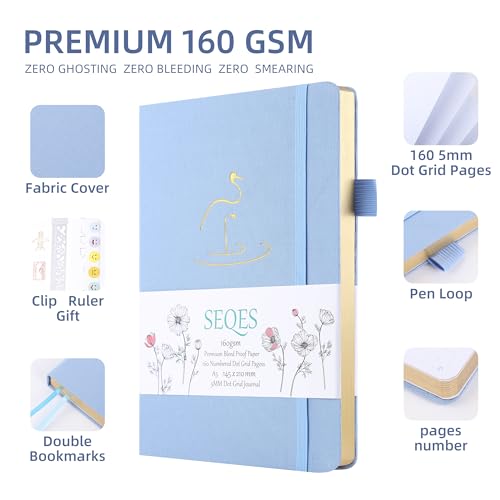 SeQeS Caderno pontilhado com marcadores - Caderno A5 com número de páginas, papel à prova de sangram